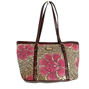 Tommy Hilfiger Pink Floral Canvas Tote Bag Brown Leather Accents 17"x10"x5" EUC